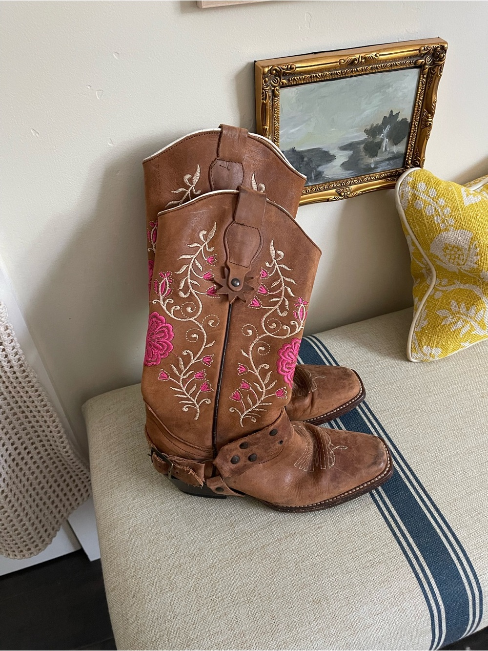 Women’s Brown Embroidered Heeled Cowboy Boots - Pink Floral Accent